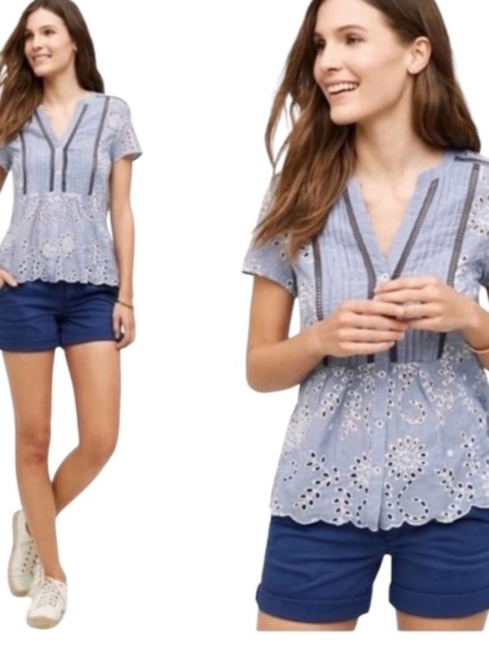 Anthropologie Holding Horses Blue & White Split Neck Eyelet Blouse
